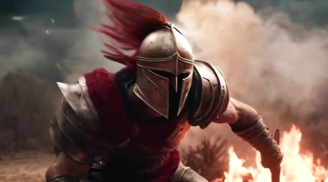 Bloody fight of a Roman gladiator under a firestorm. Epic and historical scene of the slaves' rebellion against the oppressive empire to achieve freedom. War wallpaper.