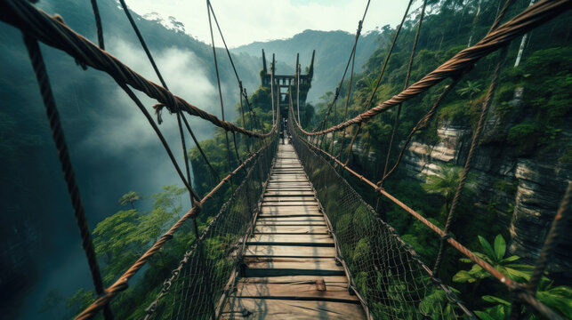 Fototapeta Vintage rope hanging bridge in jungle, suspension footbridge over canyon in dark forest. Theme of travel, tropical nature, fantasy, adventure, journey, wood,