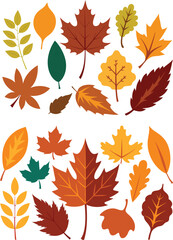 silhouette leaves set autumn on white background isolated, vector 