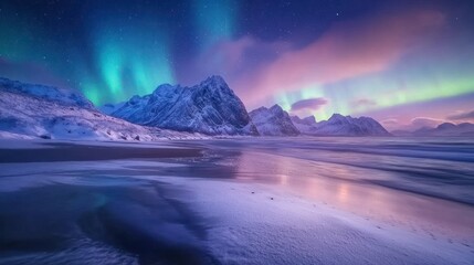 Northern Lights Dancing Over Snowy Mountains