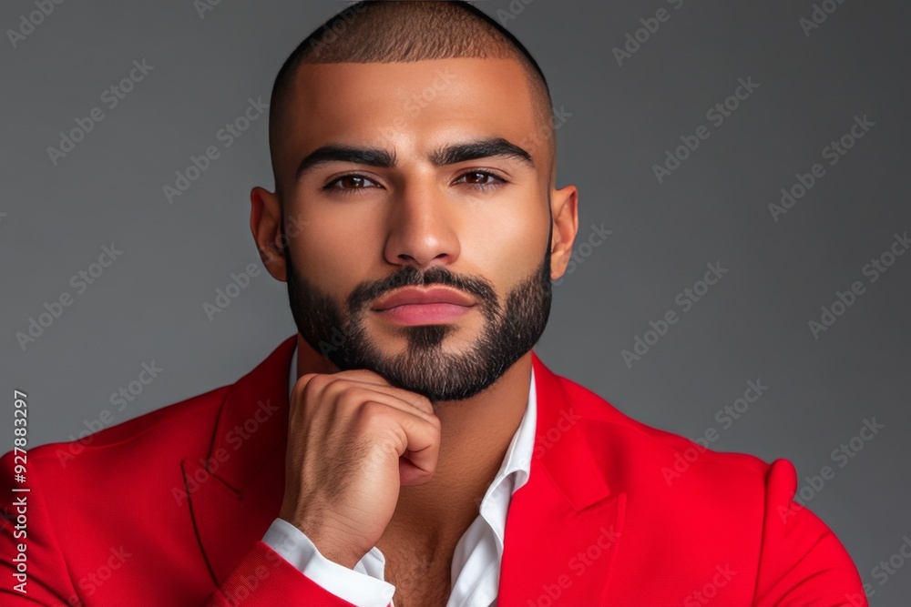 Poster a close up portrait of a confident man in a red blazer representing bold style charisma and the mode