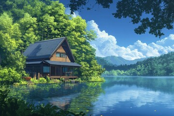 Fototapeta premium anime-style Enchanted Lakeside Cabin: A Tranquil Summer Retreat Amidst a Serene Mirror-Like Lake, Free from Tourist Clutter,Anime-Style,illustration,Picture BooksFor Poster,Novel,UI,WEB,Game,Design,Ab