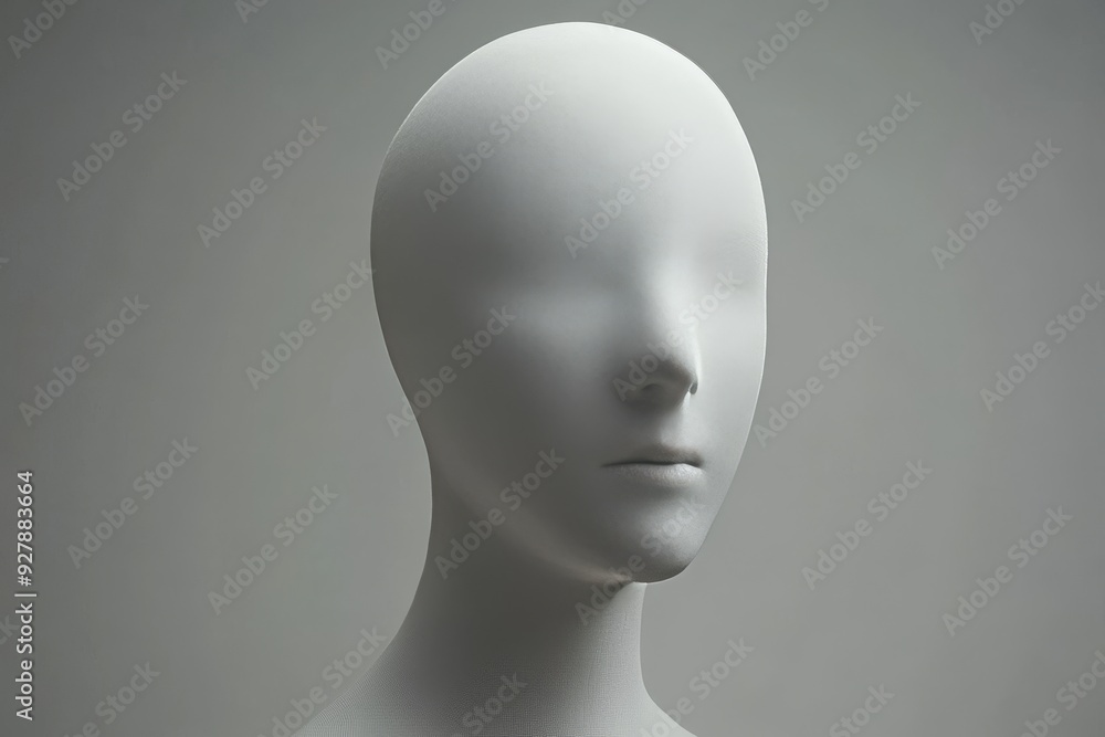 Poster a minimalist white mannequin with a smooth featureless face set against a neutral gray background re