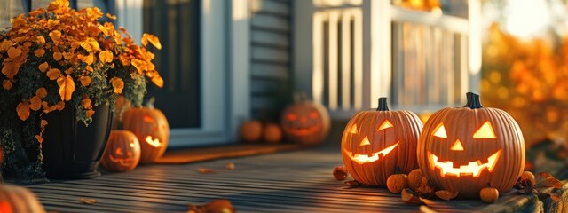 Obraz premium Halloween mood - Decorated pumpkins on the porch. Halloween decorations, copyspace