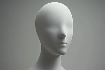 A minimalist white mannequin with a smooth featureless face set against a neutral gray background representing the simplicity elegance and modern aesthetics in fashion display design