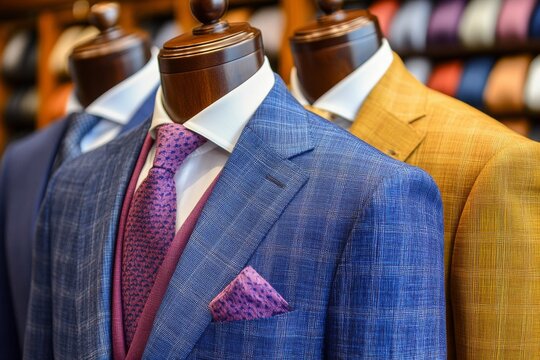 A stylish display of colorful mens suits on mannequins highlighting the diversity vibrancy and modern tailoring in contemporary formalwear perfect for the fashion forward professional