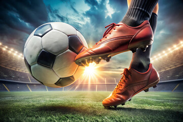 Side view of football boot kicking a soccer ball