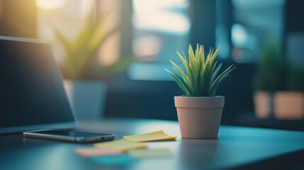 Fototapeta premium Minimalist Workspace with Green Plant and Laptop