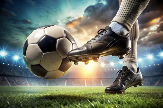 Side view of football boot kicking a soccer ball