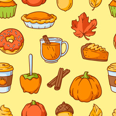 Autumn items and food pattern. Happy Thanksgiving Day and Halloween traditional symbols.