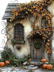 Autumnal Cottage with Halloween Decorations