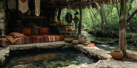 Ecotourism, serene, rustic outdoor retreat featuring cozy stone seating area by tranquil stream, adorned with colorful textiles and artisanal decor, peaceful connection with nature
