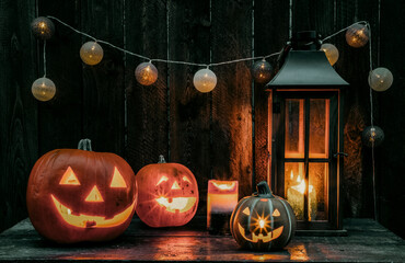halloween - Jack O' Lanterns - Candles And String Lights On Wooden Table