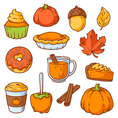 Autumn items and food. Happy Thanksgiving Day and Halloween traditional symbols.