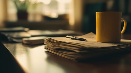 Fototapeta premium Minimalist Desk Setup with a Mug, Pen, and Stack of Papers
