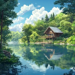 Obraz premium anime-style Enchanted Lakeside Cabin: A Tranquil Summer Retreat Amidst a Serene Mirror-Like Lake, Free from Tourist Clutter,Anime-Style,illustration,Picture BooksFor Poster,Novel,UI,WEB,Game,Design,Ab