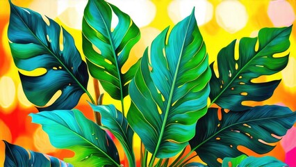 Tropical leaves in oil painting style. Bright colorful summer background.