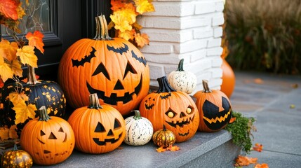 Halloween mood - Decorated pumpkins on the porch. Halloween decorations, copyspace