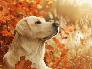 A yellow Labrador sits calmly on a leaf-covered path in a sunlit autumn forest during the late...