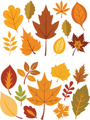 silhouette leaves set autumn on white background isolated, vector 