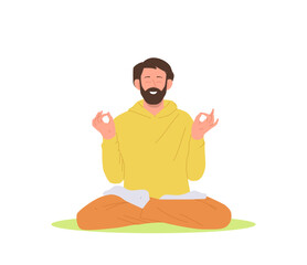 Smiling peaceful yogi man cartoon character meditating practicing breathing and stress relief
