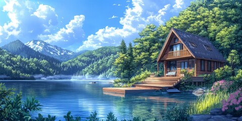 Obraz premium anime-style Enchanted Lakeside Cabin: A Tranquil Summer Retreat Amidst a Serene Mirror-Like Lake, Free from Tourist Clutter,Anime-Style,illustration,Picture BooksFor Poster,Novel,UI,WEB,Game,Design,Ab