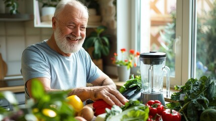 A senior male is making a healthy smoothie drink with a blender mixer in kitchen