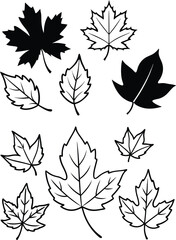 silhouette leaves set autumn on white background isolated, vector 