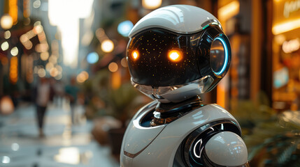 Naklejka premium A futuristic robot interacting with humans in a high-tech environment, showcasing advanced AI capabilities