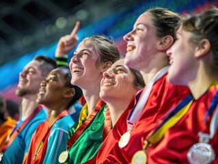 Happy athlete celebrating with a medal at a sporting event in a festive outdoor setting