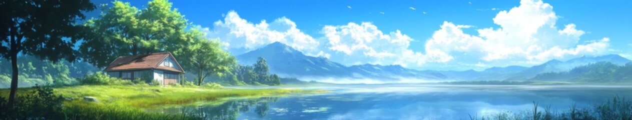 Obraz premium anime-style Enchanted Lakeside Cabin: A Tranquil Summer Retreat Amidst a Serene Mirror-Like Lake, Free from Tourist Clutter,Anime-Style,illustration,Picture BooksFor Poster,Novel,UI,WEB,Game,Design,Ab