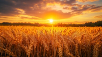 Obraz premium Golden wheat field at sunset, warm color palette