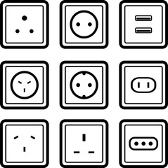 Different Type Power Socket Line Icon Set - Electric Plug Symbols, High-Resolution Vector Graphics, Ideal for Home Power Devices, Electrical Systems, and Informational Signs