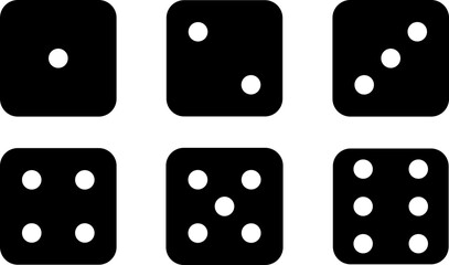 Set of Black Dice Icons - Black Dice Face One to Six Icon Collection, High-Resolution Vector Graphics on Transparent Background, Perfect for Casino, Board Games, and Gaming Interfaces