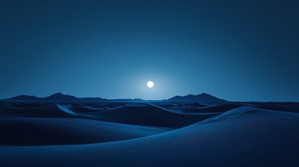 Moonlit desert landscape, silvery sand dunes, cool night tones