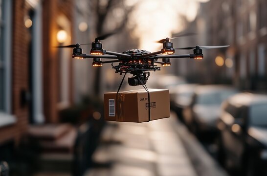 Un drone consegna un pacco davanti alla porta di casa in un contesto urbano, rappresentando il futuro della logistica e delle spedizioni rapide e automatizzate.