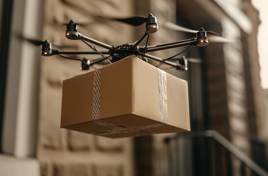 Un drone all'avanguardia consegna un pacco davanti alla porta di casa in un contesto urbano, rappresentando il futuro della logistica e delle spedizioni rapide e automatizzate.