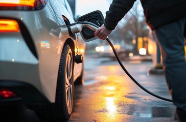 Primo piano di una mano che collega un cavo di ricarica a un'auto elettrica, simbolo di un futuro sostenibile e della transizione verso un'energia più pulita e efficiente.