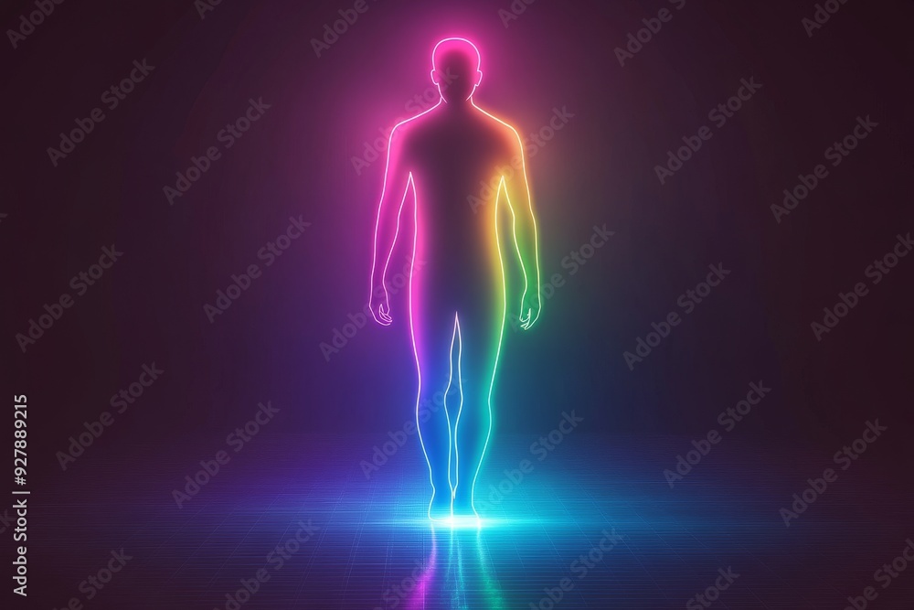 Poster luminous outline of a walking man in a colorful neon gradient