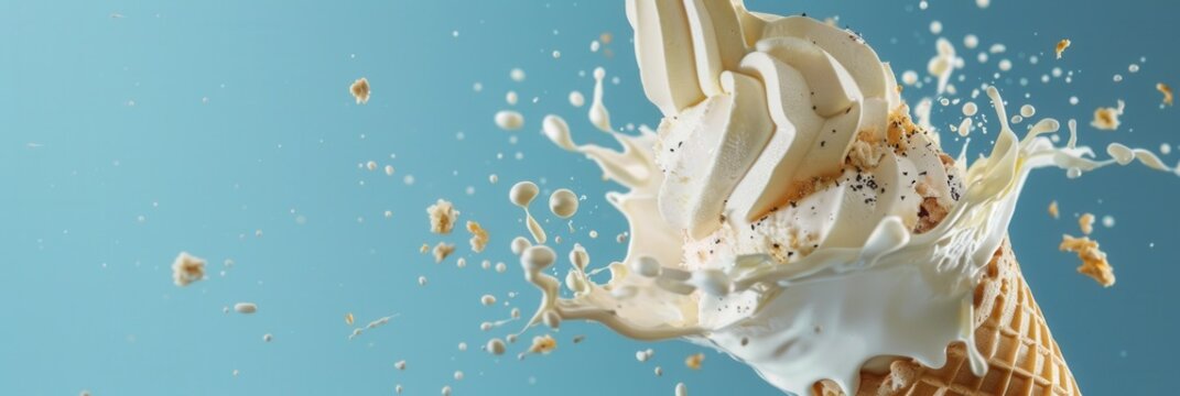 Closeup view of exploding tasty cone ice cream.