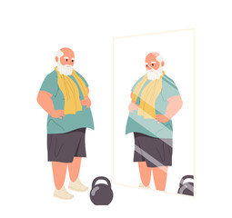 Retired man cartoon character looking at mirror feeling proud after training with dumbbells