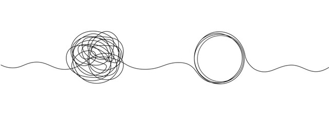 Tangle and unraveling thread of thoughts drawn in one continuous line. Concept of psychotherapy, mental health, problem solving. Vector editable line illustration. © Sviatlana