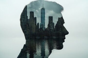 Silhouette of a city skyline reflected within a mans head against a cloudy sky