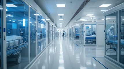 Obraz premium A modern hospital ICU filled with smallpox patients, each isolated in individual glass enclosures. 