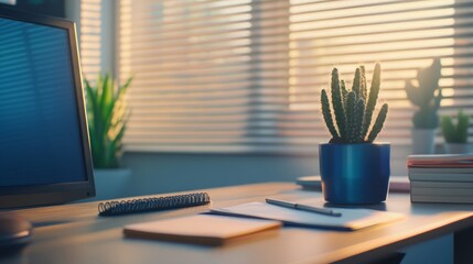 Fototapeta premium Modern Home Office Workspace with Cactus and Sunlight