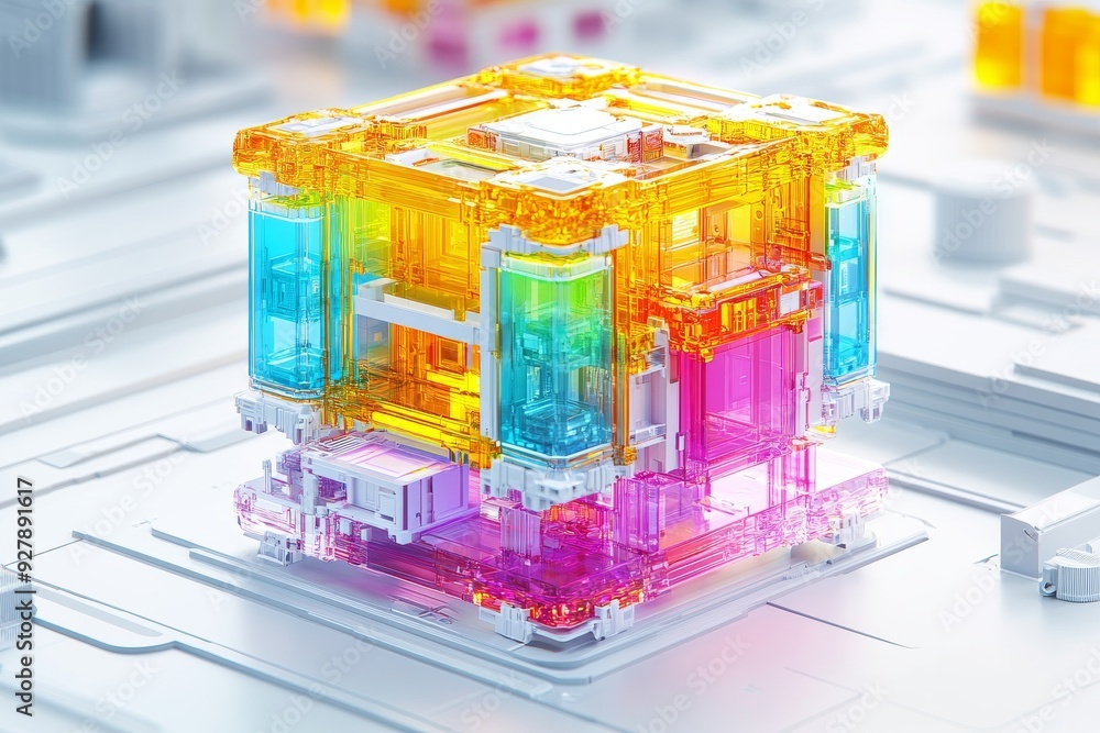 Poster colorful 3d rendered model of a complex building structure showcasing architectural innovation and d