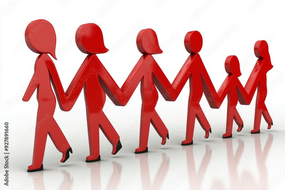 Aufkleber red figures in a line showing leadership and teamwork dynamics against a blurred business background