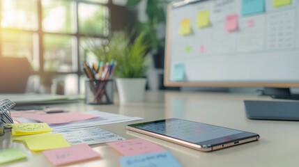 Modern Office Desk with Smartphone and Sticky Notes