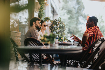 Diverse professionals having a business meeting in a coffee shop, discussing ideas and collaborating over coffee.