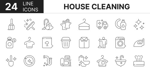 Collection of 24 house cleaning line icons featuring editable strokes. These outline icons depict various modes of house cleaning, laundered, washing, sweeping, wiping, floor,